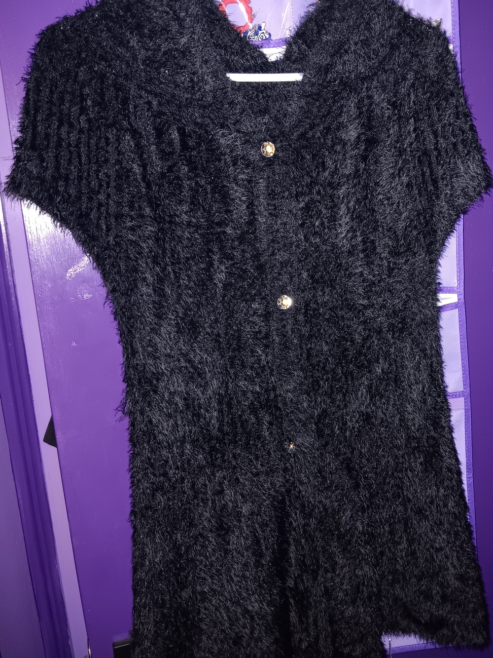 Black Fuzzy Short-Sleeve Button Cardigan Sweater